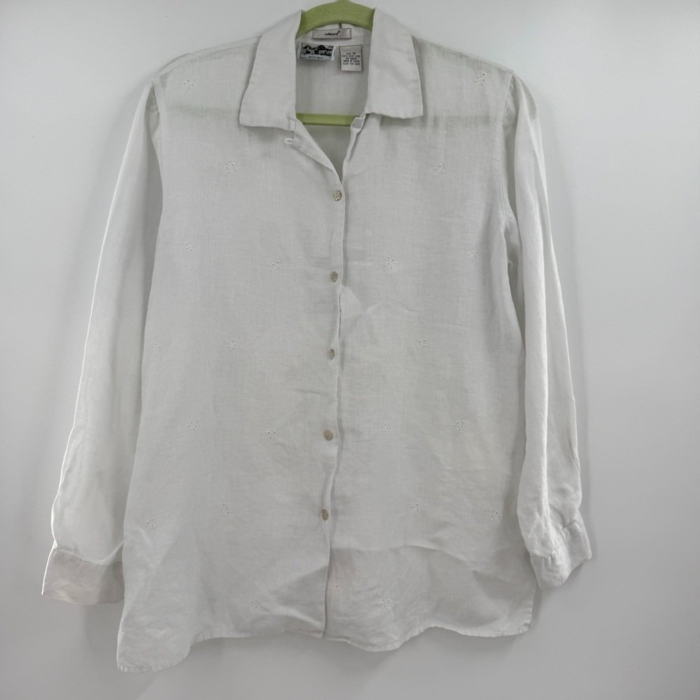 VTG Edward Shirt‎ Womens M White Linen Tunic Button Up Embroidered Eyelet Boho